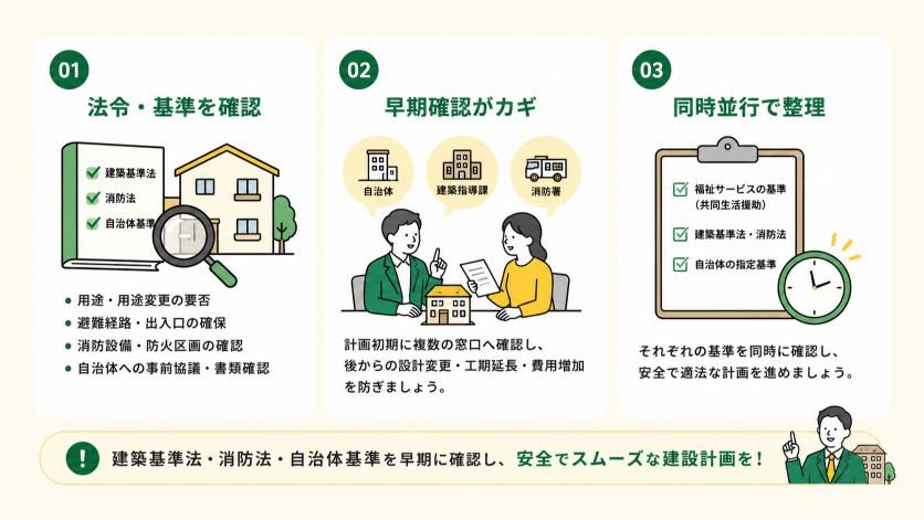 建築基準法・消防法・自治体基準も事前に確認する画像